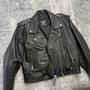 VTG AllState Leather Jacket Small Black Motorcycle Biker Asymmetric Zip Belted